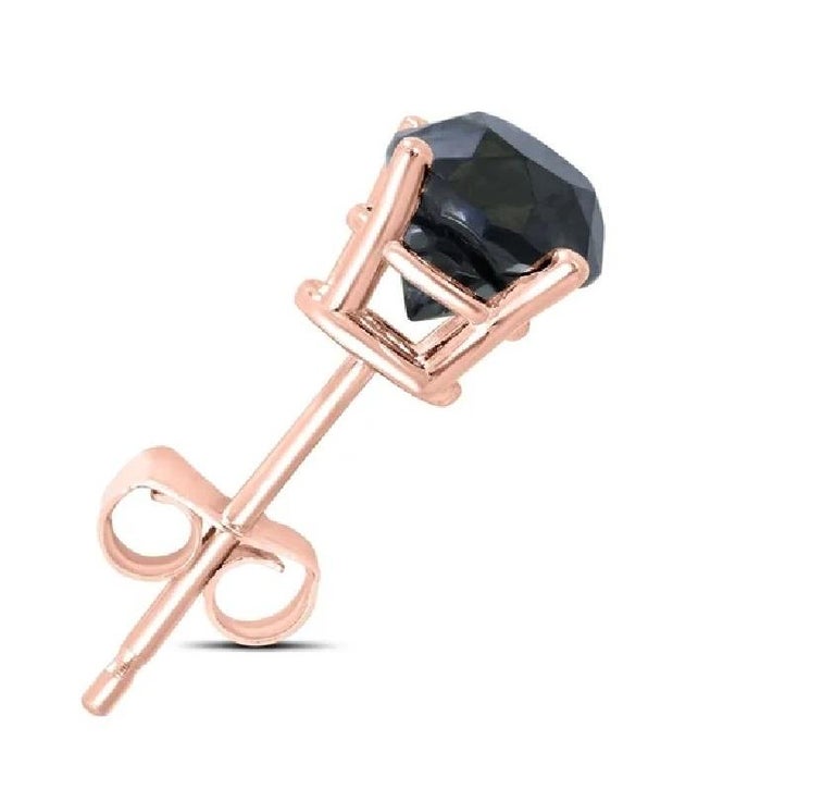 2.26 Carat Round Black Diamond Single Stud Earring for Men in 14 K Rose Gold  For Sale at 1stDibs