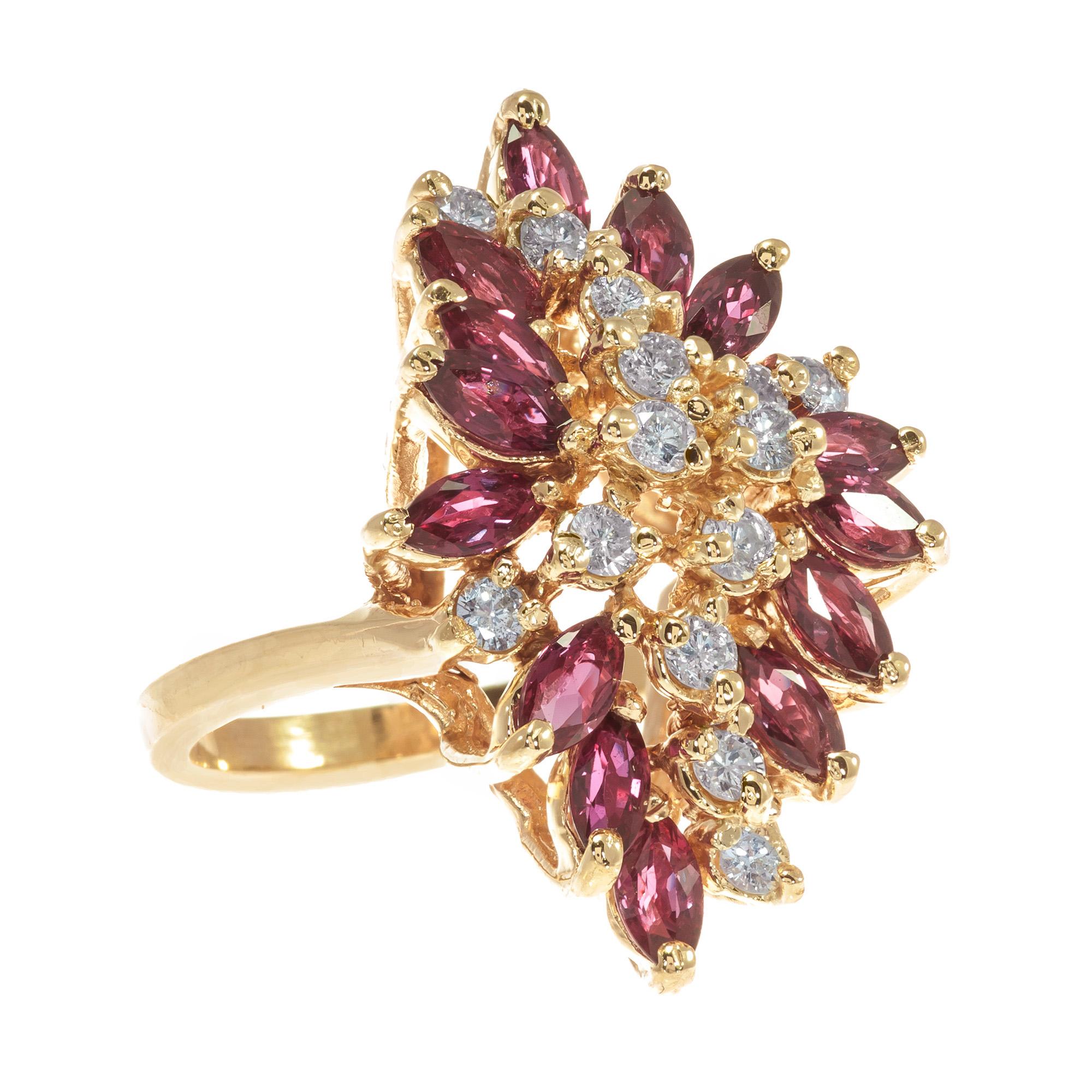 1960's marquise ruby and round diamond 14k yellow gold cocktail dinner ring, in a classic waterfall design.

14 marquise red rubies, Approximate 1.70cts
14 round brilliant cut J-K SI-I diamonds, Approximate .56cts
Size 6 and sizable
14k yellow gold