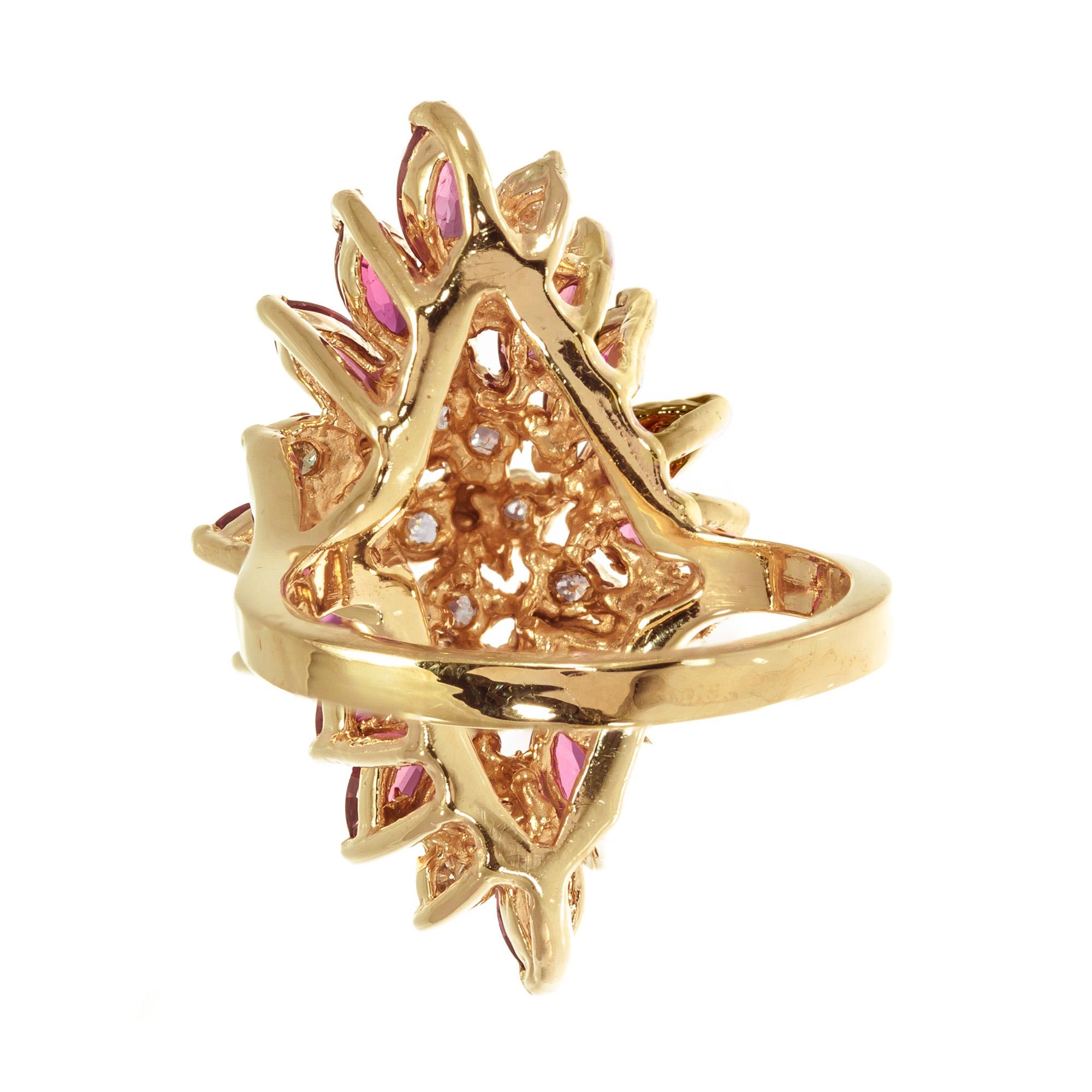 Marquise Cut 2.26 Carat Ruby Diamond Yellow Gold Cocktail Ring For Sale