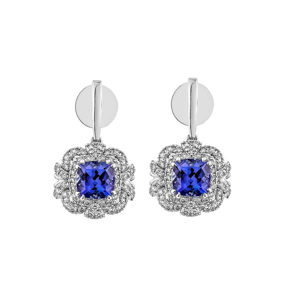 Contemporary 2.26 Carat Tanzanite Drop Earrings in 18Karat White Gold with Diamond. For Sale