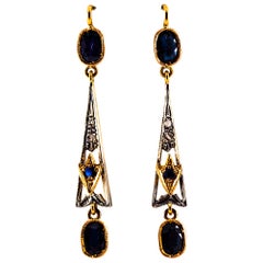 2.26 Carat White Rose Cut Diamond Blue Sapphire Yellow Gold Lever-Back Earrings