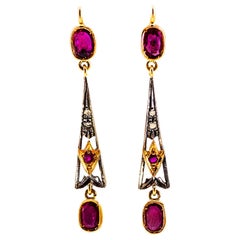 Vintage 2.26 Carat White Rose Cut Diamond Ruby Yellow Gold Lever-Back Drop Earrings