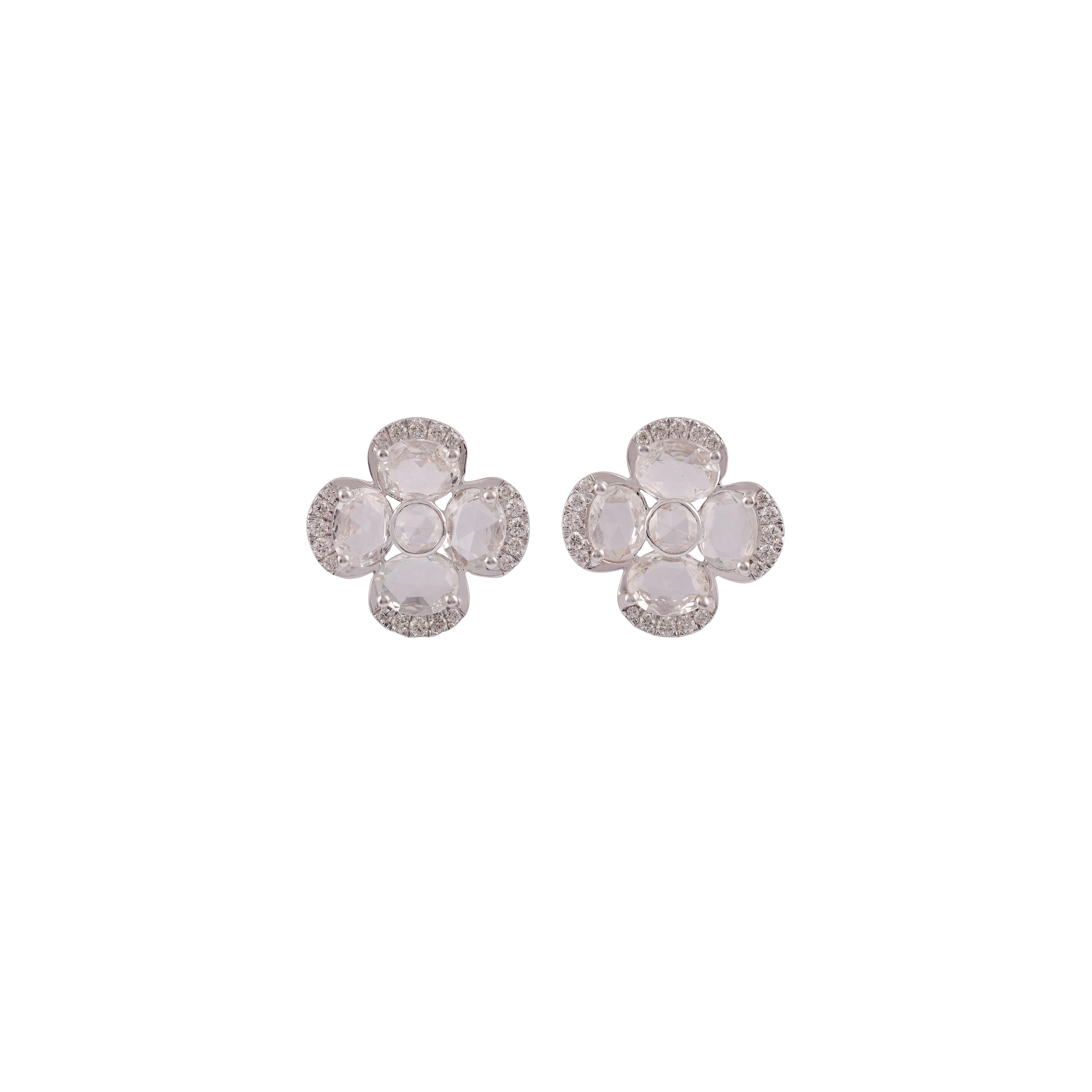 Oval Cut 2.26 Carat White Sapphire, Rose Cut & Round Diamond Earrings Studs For Sale