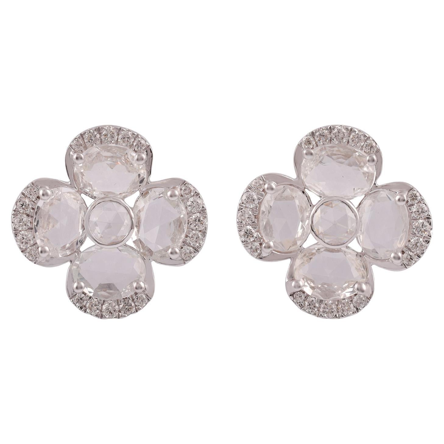 2.26 Carat White Sapphire, Rose cut & Round Diamond Earrings Studs (boucles d'oreilles saphir blanc, taille rose et diamant rond).