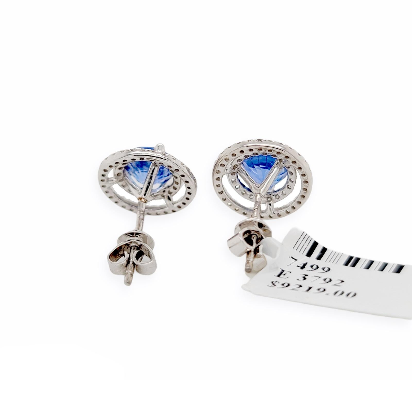 2.26 Ct Natural Blue Sapphire & 0.47 Ct Diamonds 14k White Gold Stud Earrings In Excellent Condition For Sale In Los Angeles, CA