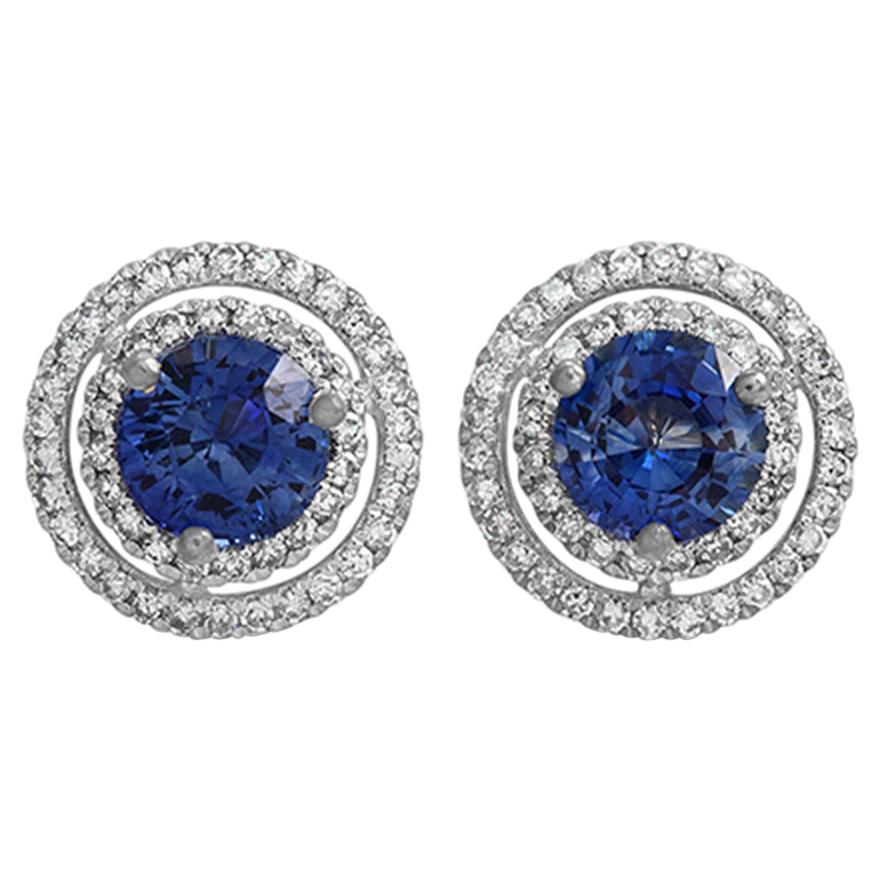 2.26 Ct Natural Blue Sapphire & 0.47 Ct Diamonds 14k White Gold Stud Earrings For Sale