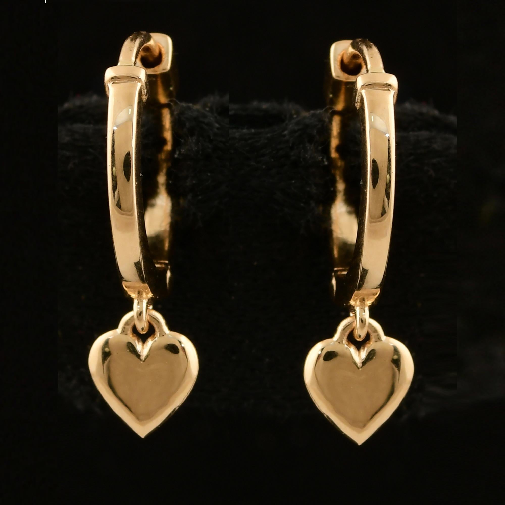 2.26 Grams 18 Karat Yellow Gold Heart Shape Charm Hoop Earrings For Sale 1