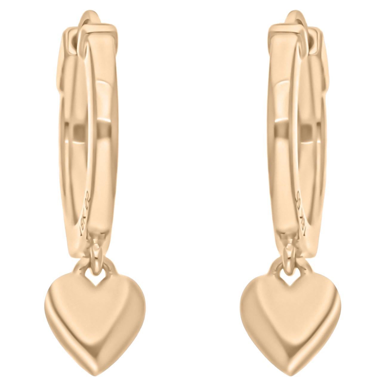 2.26 Grams 18 Karat Yellow Gold Heart Shape Charm Hoop Earrings For Sale