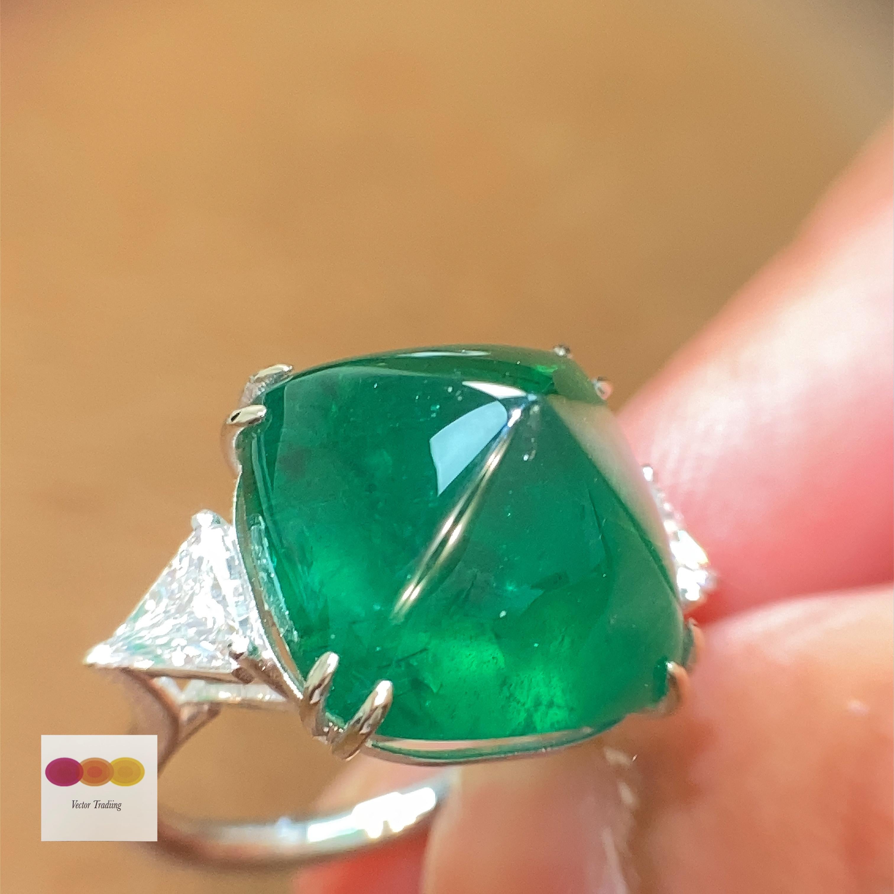 Sugarloaf Cabochon 22.61 Carat GRS Certified Emerald Sugarloaf and White Diamond Cocktail Ring