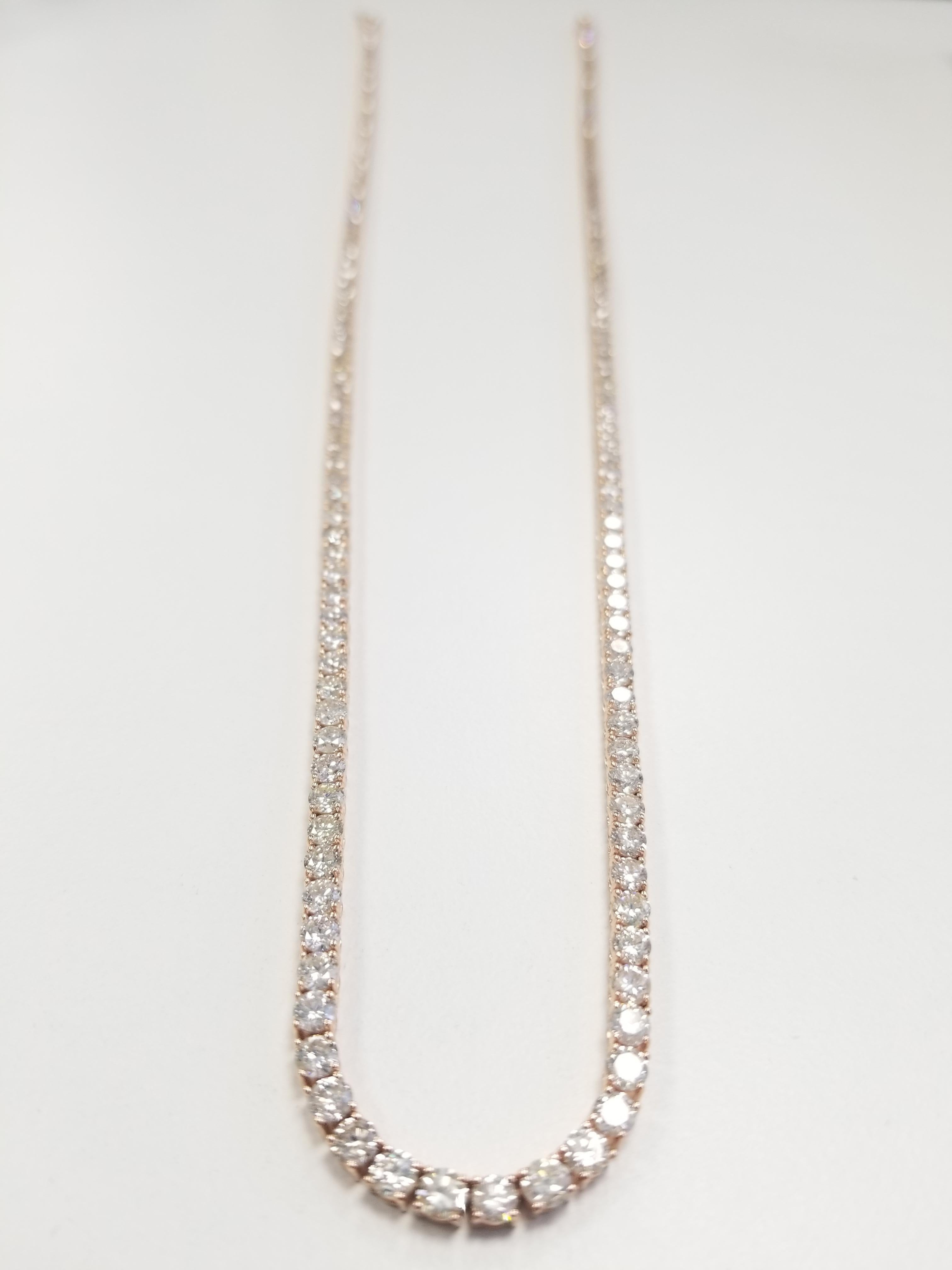 22.62 Carat Round Diamond Rose Gold Tennis Necklace 14 Karat In New Condition In Great Neck, NY