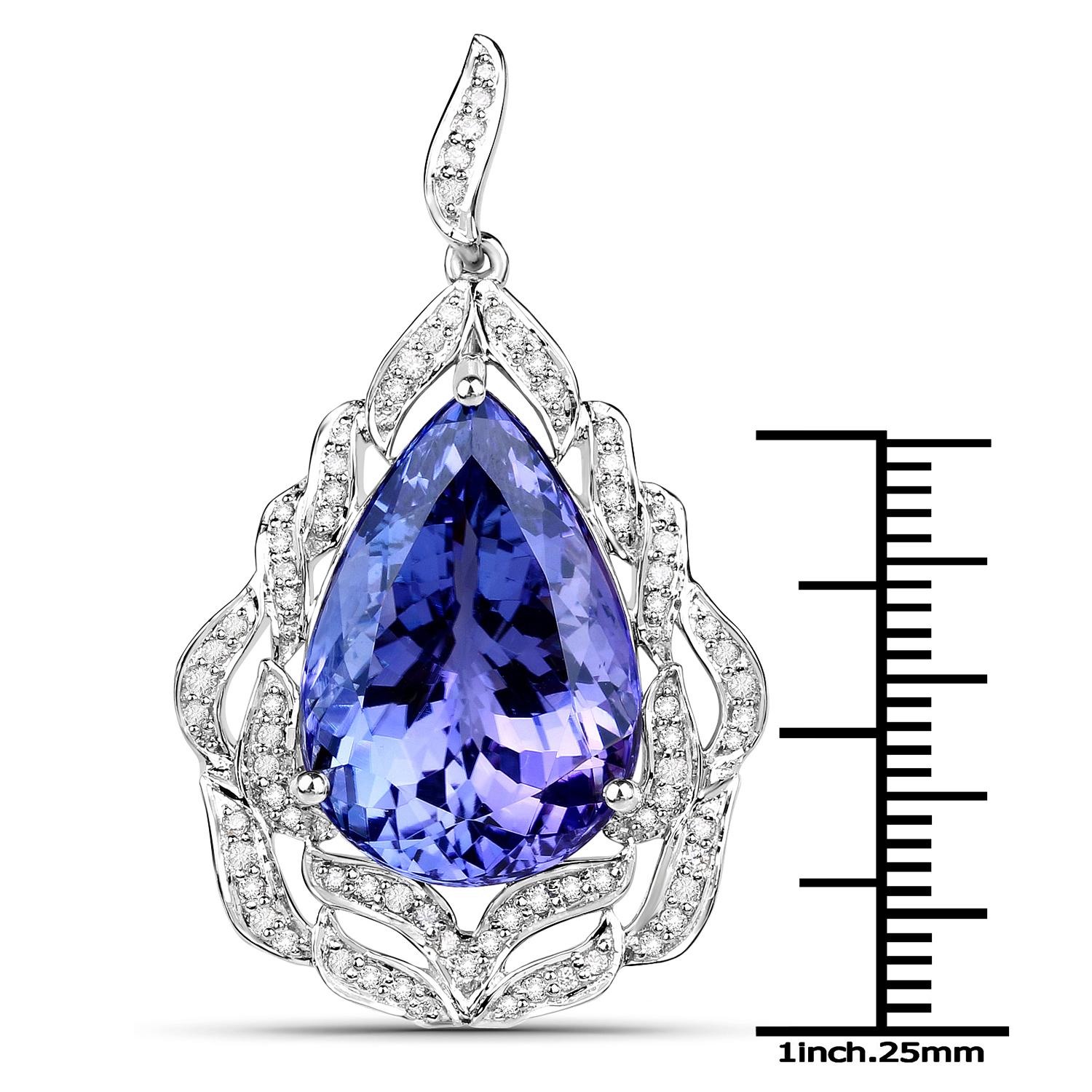 22.63 Carat Pear-shaped Tanzanite and 1.46 Carats White Diamond 18 Karat White Gold Pendant

Center Stone Details:
Stone: Tanzanite
Shape: Pears
Size: 21.50x14.70mm
Weight: 22.63 carat

Diamond Details:
Shape: Round Brilliant - 140pcs
Carat Weight: