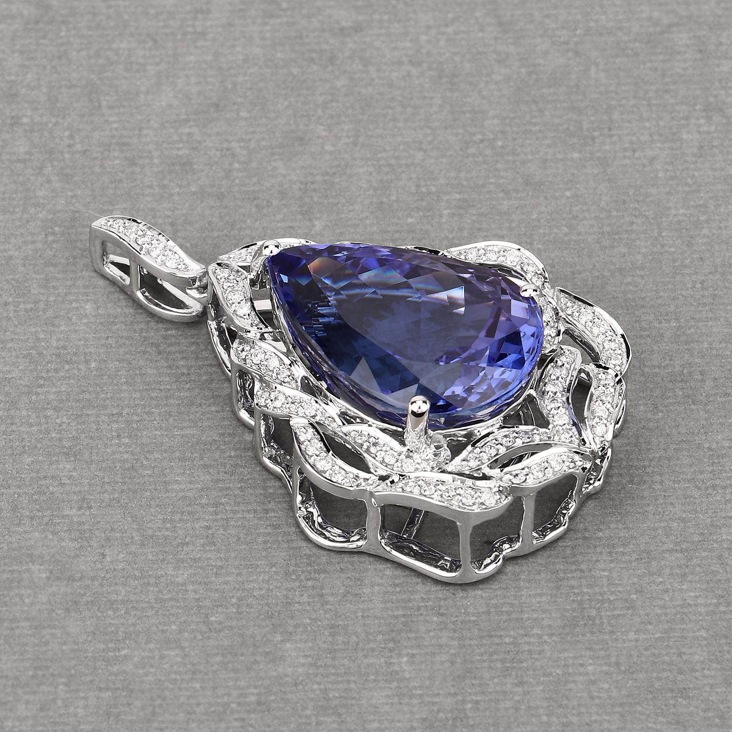 Pear Cut 22.63 Carat Genuine Tanzanite and White Diamond 18 Karat White Gold Pendant For Sale