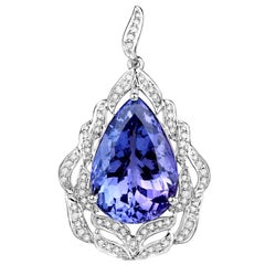 22.63 Carat Genuine Tanzanite and White Diamond 18 Karat White Gold Pendant