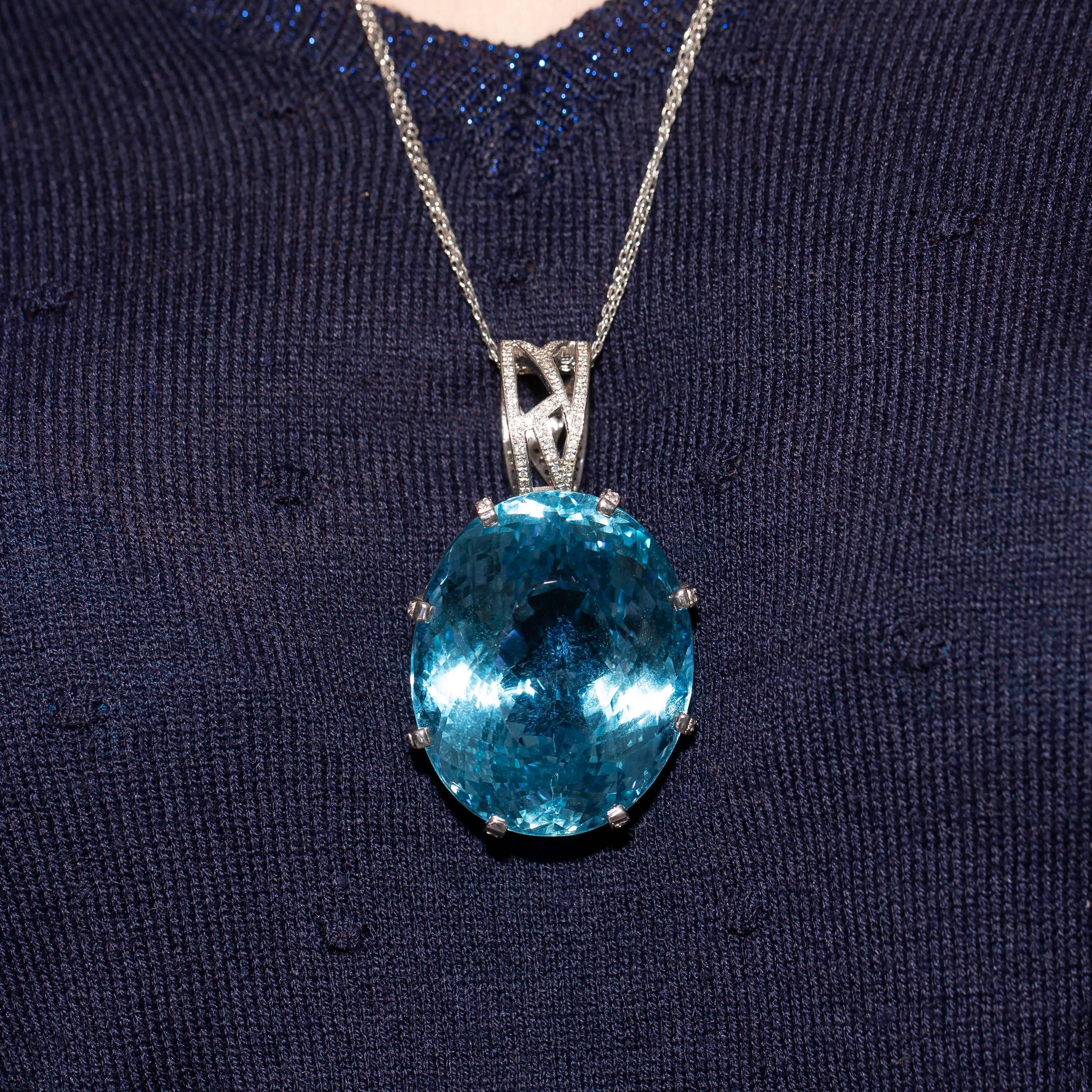 Women's 226.34 Carat Blue Topaz 18 Karat White Gold with Diamond Mount Pendant Necklace For Sale