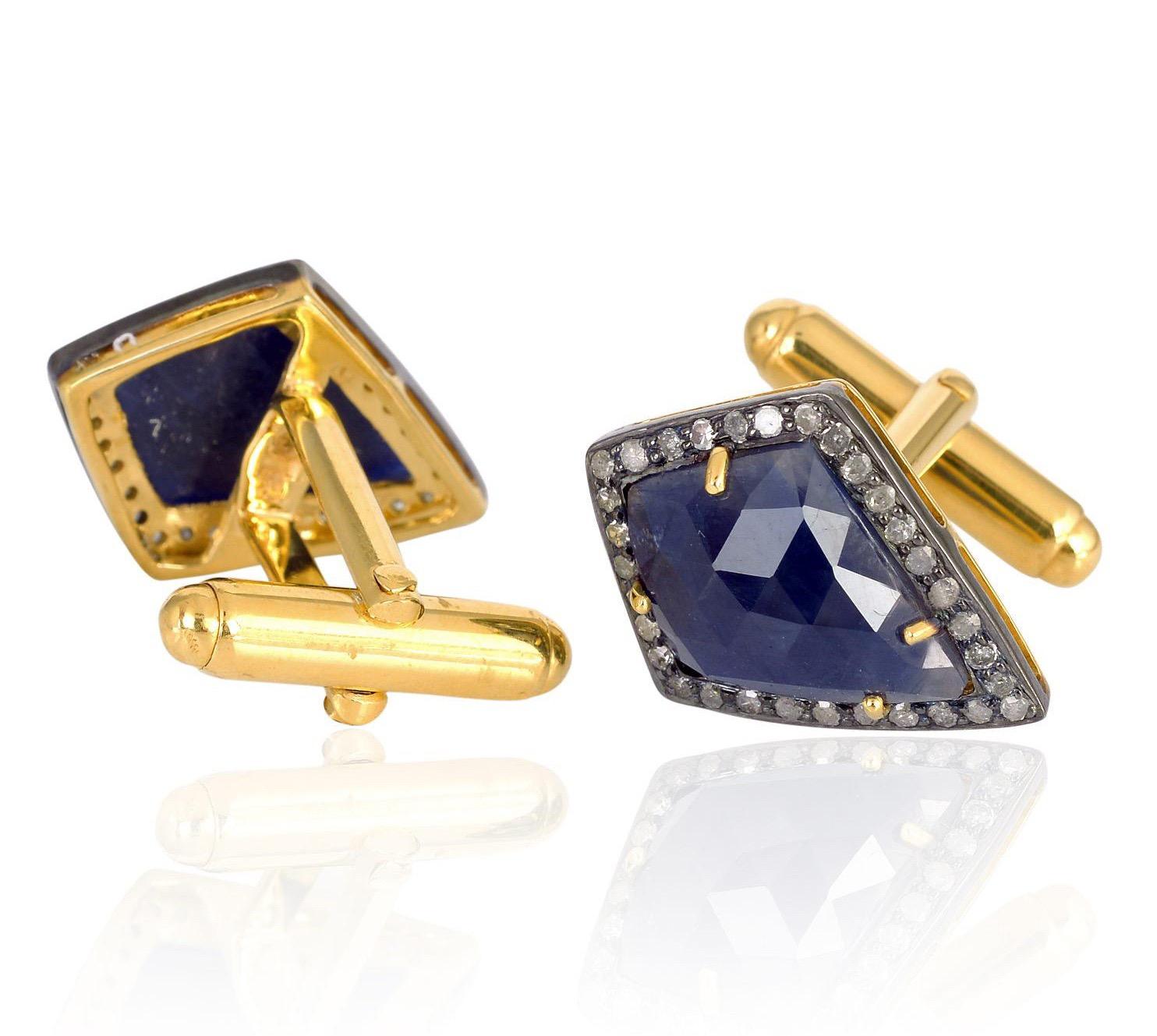 Cast from 18-karat gold and sterling silver, these cuff links are hand set with 22.64 carats blue sapphire and .70 carats of pave diamonds in blackened finish.

FOLLOW  MEGHNA JEWELS storefront to view the latest collection & exclusive pieces. 