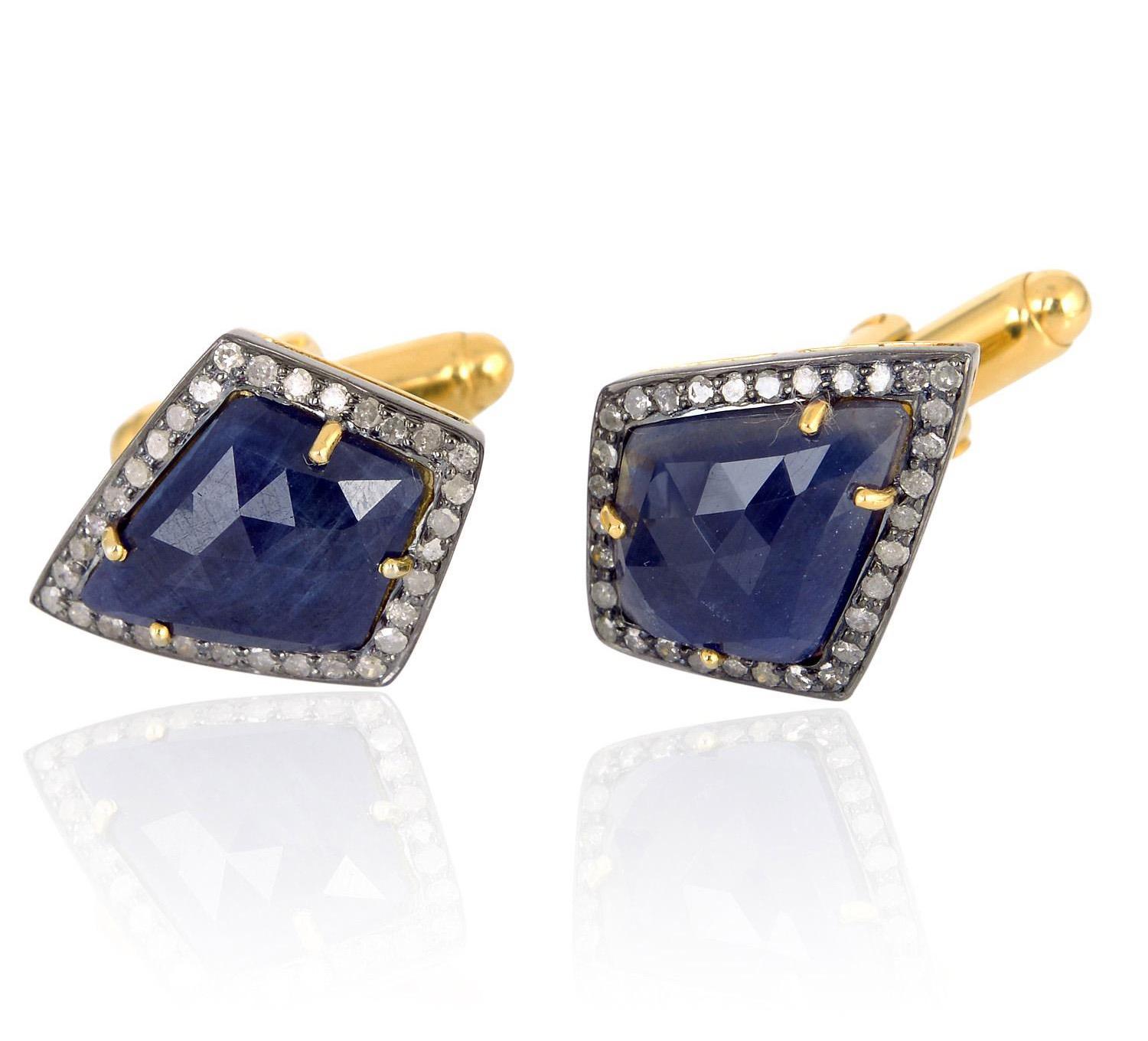 Modern 22.64 Carat Blue Sapphire Diamond Cufflinks For Sale