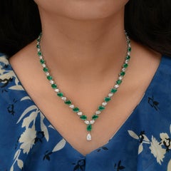 22.64Ct Zambian Emerald with 11.96 Ct Diamond Drop Necklace 14K Solid White Gold