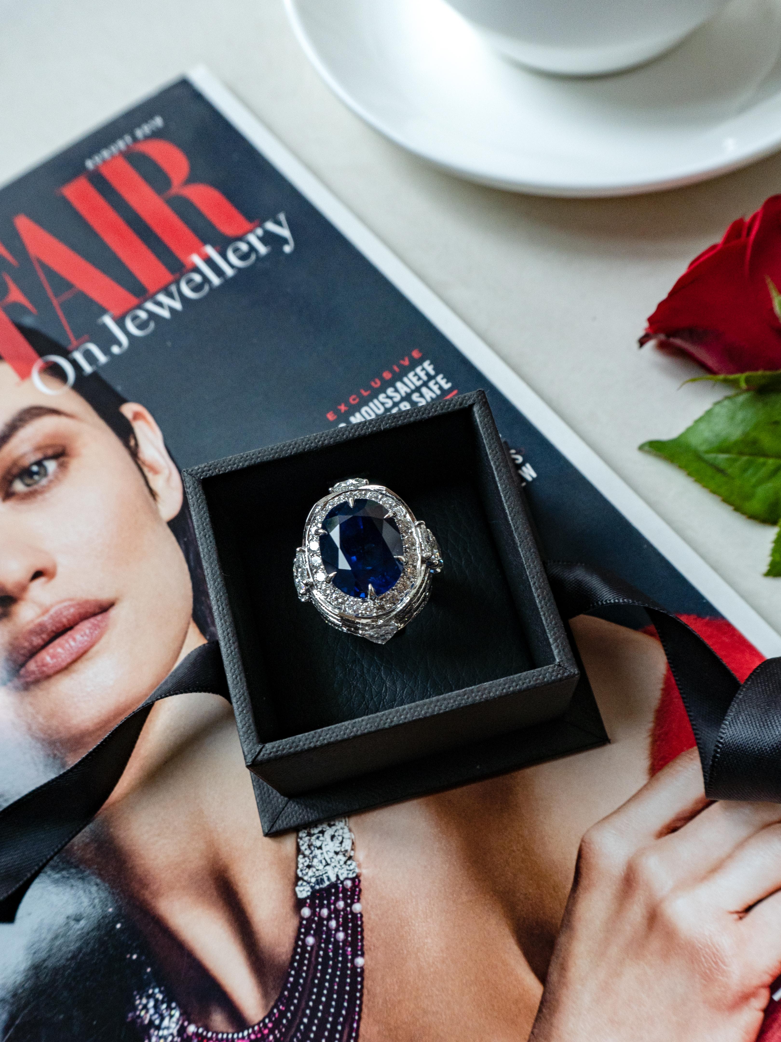 Oval Cut 22.64 Ct GRS Royal Blue Ceylon Sapphire and 5ct Diamond Cocktail Ring 18k Gold 