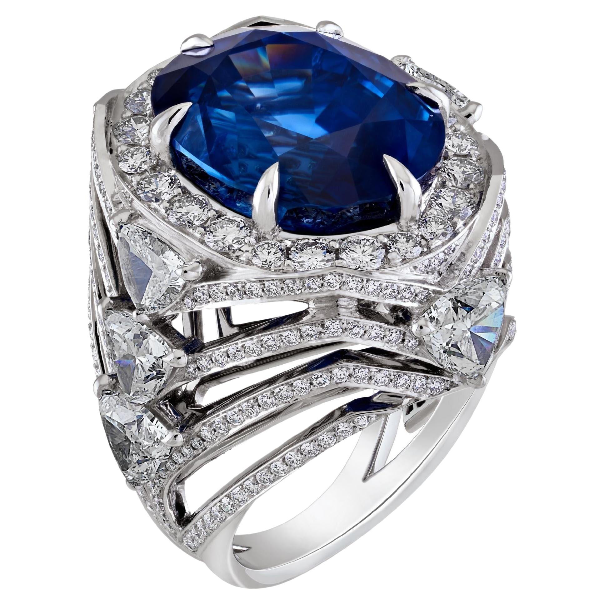 22.64 Ct GRS Royal Blue Ceylon Sapphire and 5ct Diamond Cocktail Ring 18k Gold 