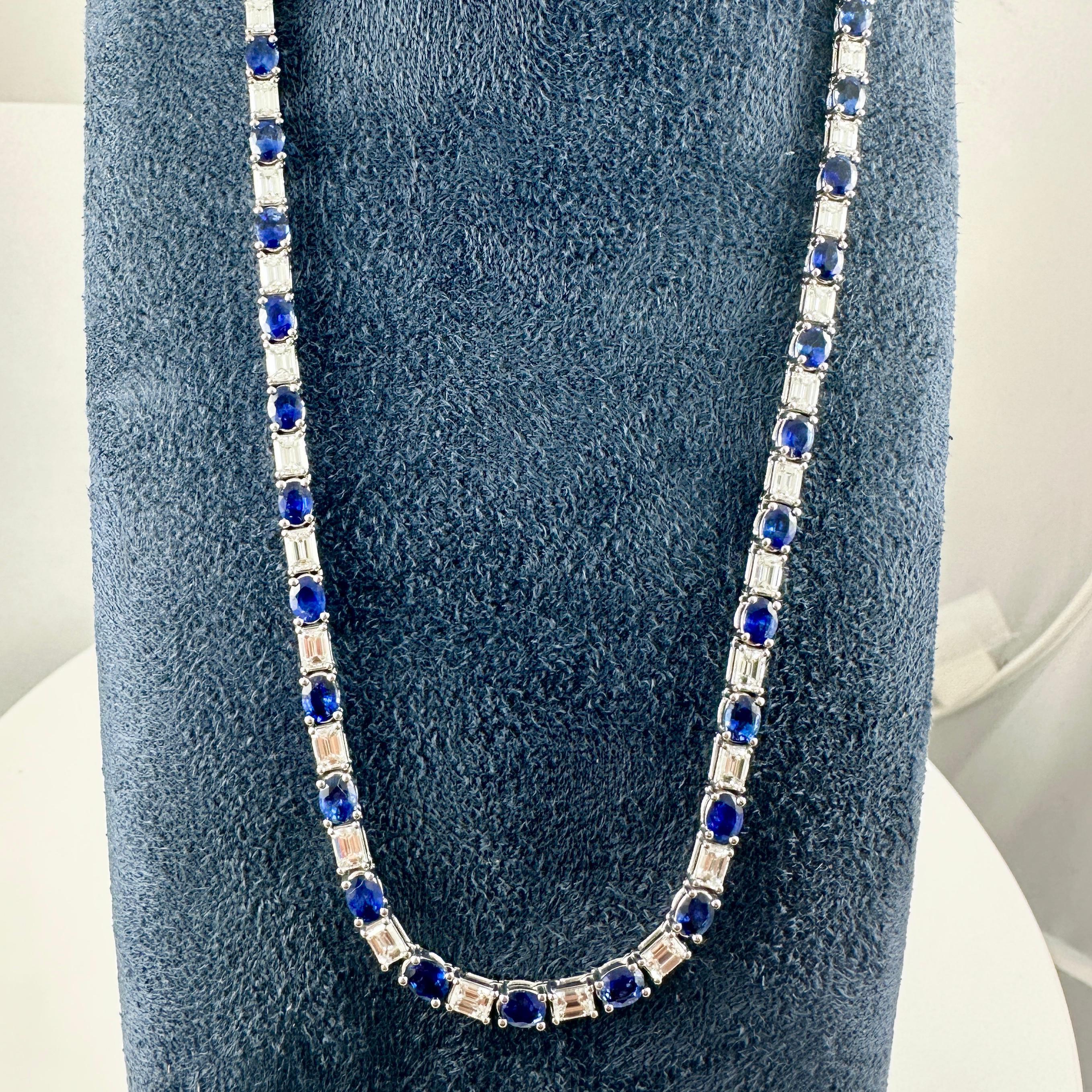 Collier de tennis en saphir ovale de 22,66 carats et diamant taille émeraude en acier blanc 14K en vente 3