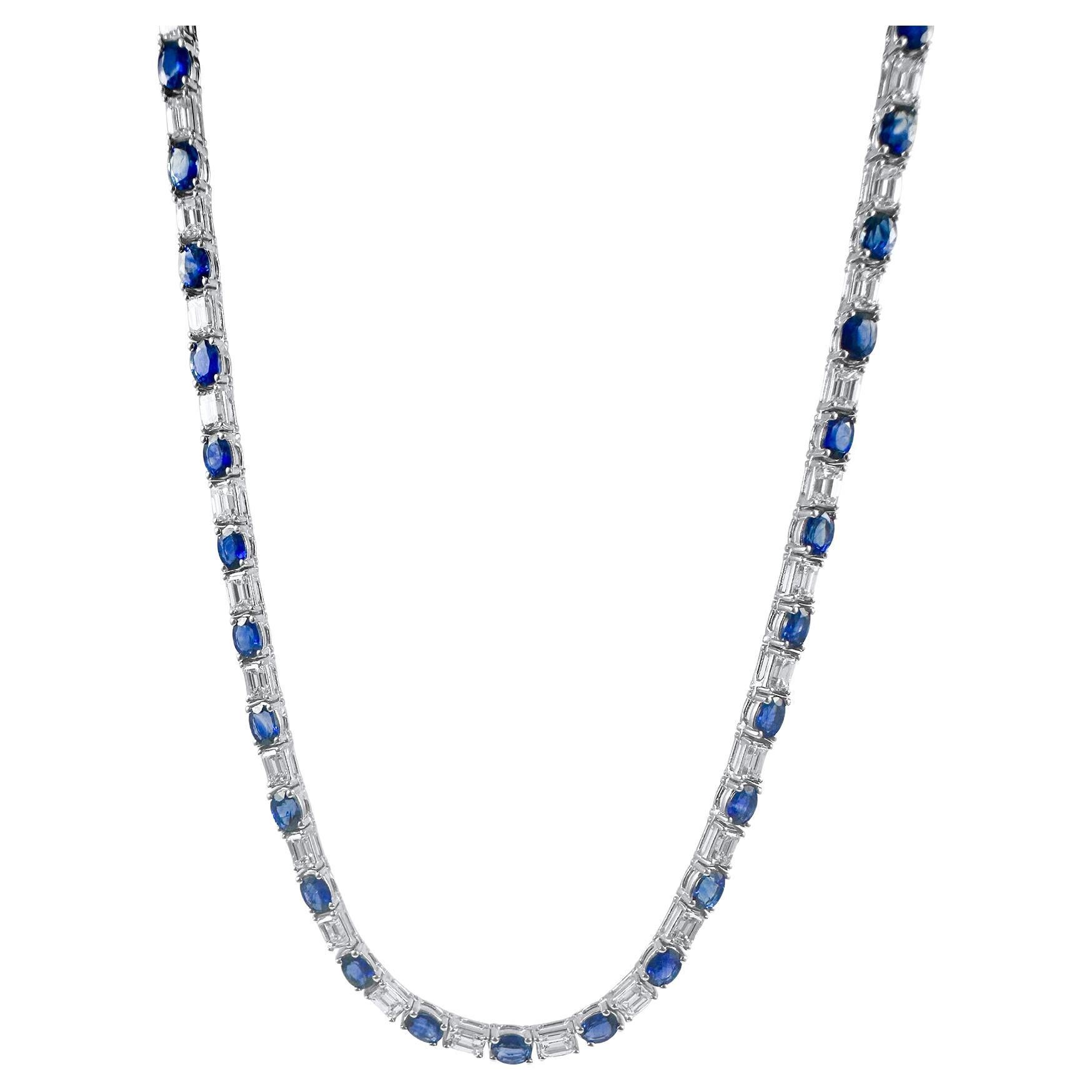 Collier de tennis en saphir ovale de 22,66 carats et diamant taille émeraude en acier blanc 14K