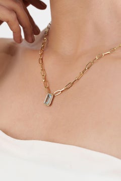 2.26ct Emerald-Cut Aquamarine & Diamond Halo Paperclip Chain Necklace 14K Gold