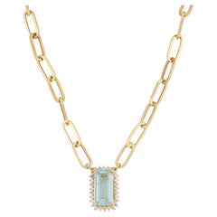 2.26ct Emerald-Cut Aquamarine & Diamond Halo Paperclip Chain Necklace 14K Gold