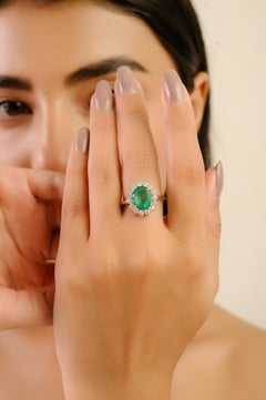 2.26Ct Oval Cut Zambian Emerald & Diamond Halo Engagement Ring in 14K White Gold