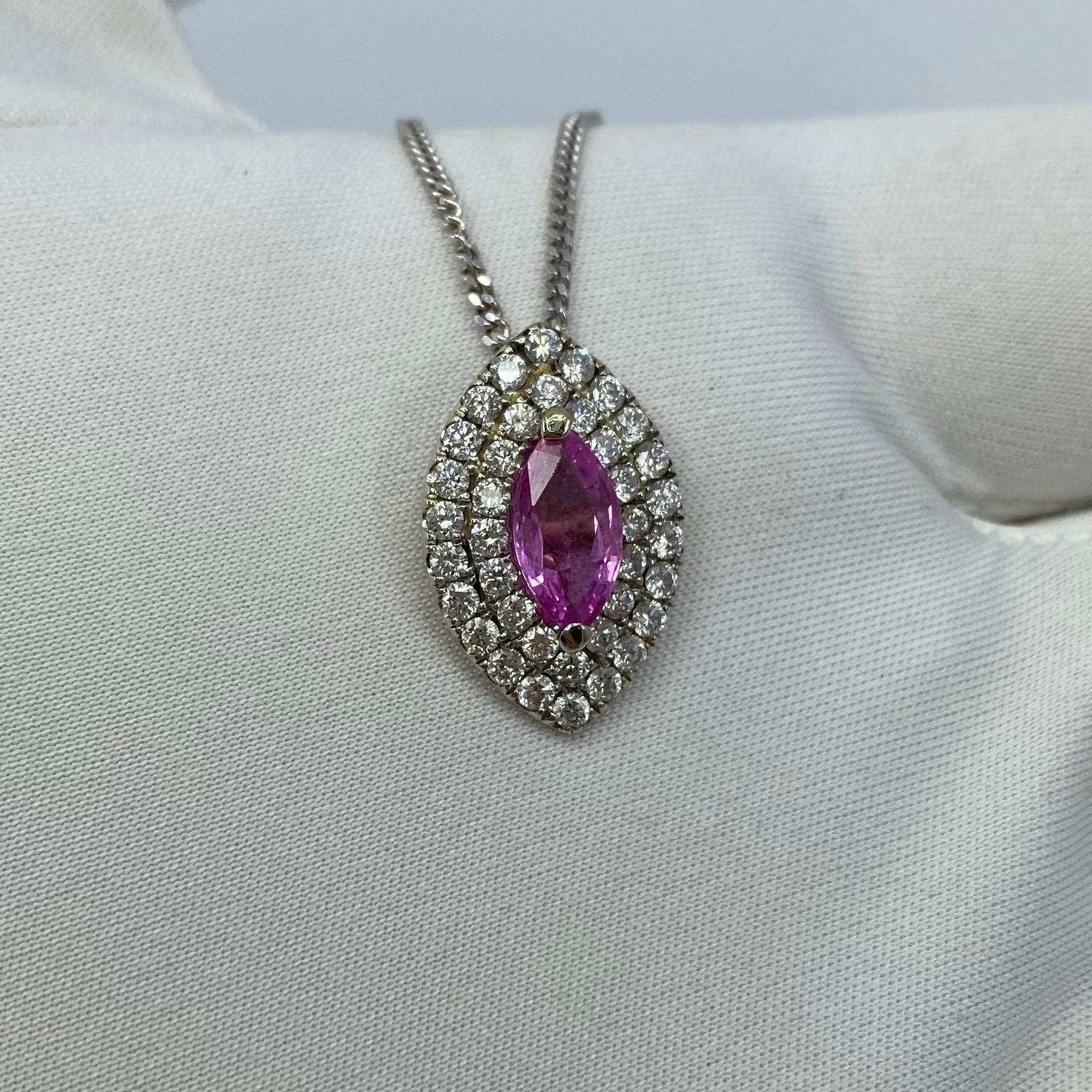 Marquise Cut 2.26 Carat Vivid Pink Sapphire and Diamond 18 Karat White Gold Pendant Necklace For Sale