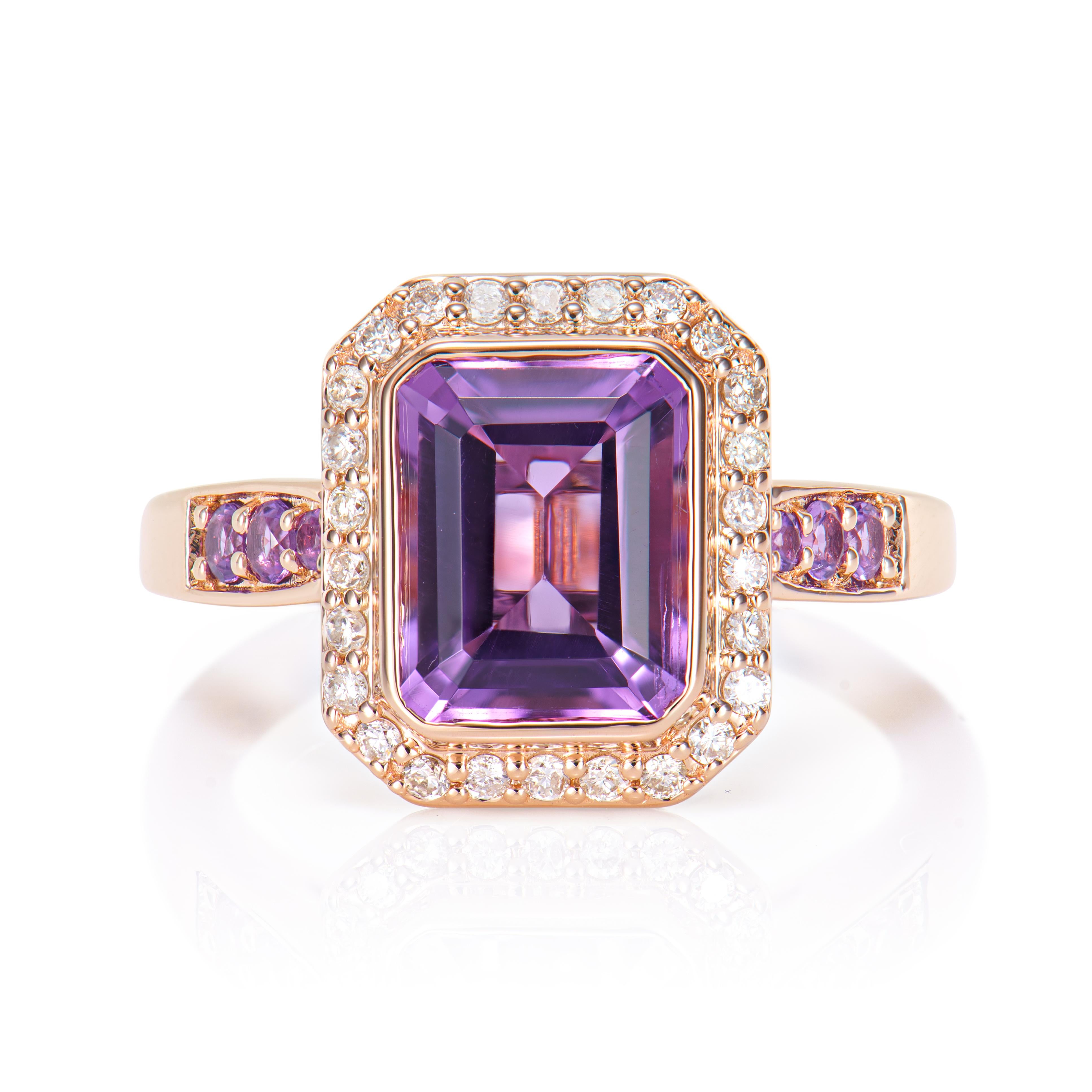 Contemporary 2.27 Carat Amethyst Fancy Ring in 14Karat Rose Gold with White Diamond.   For Sale