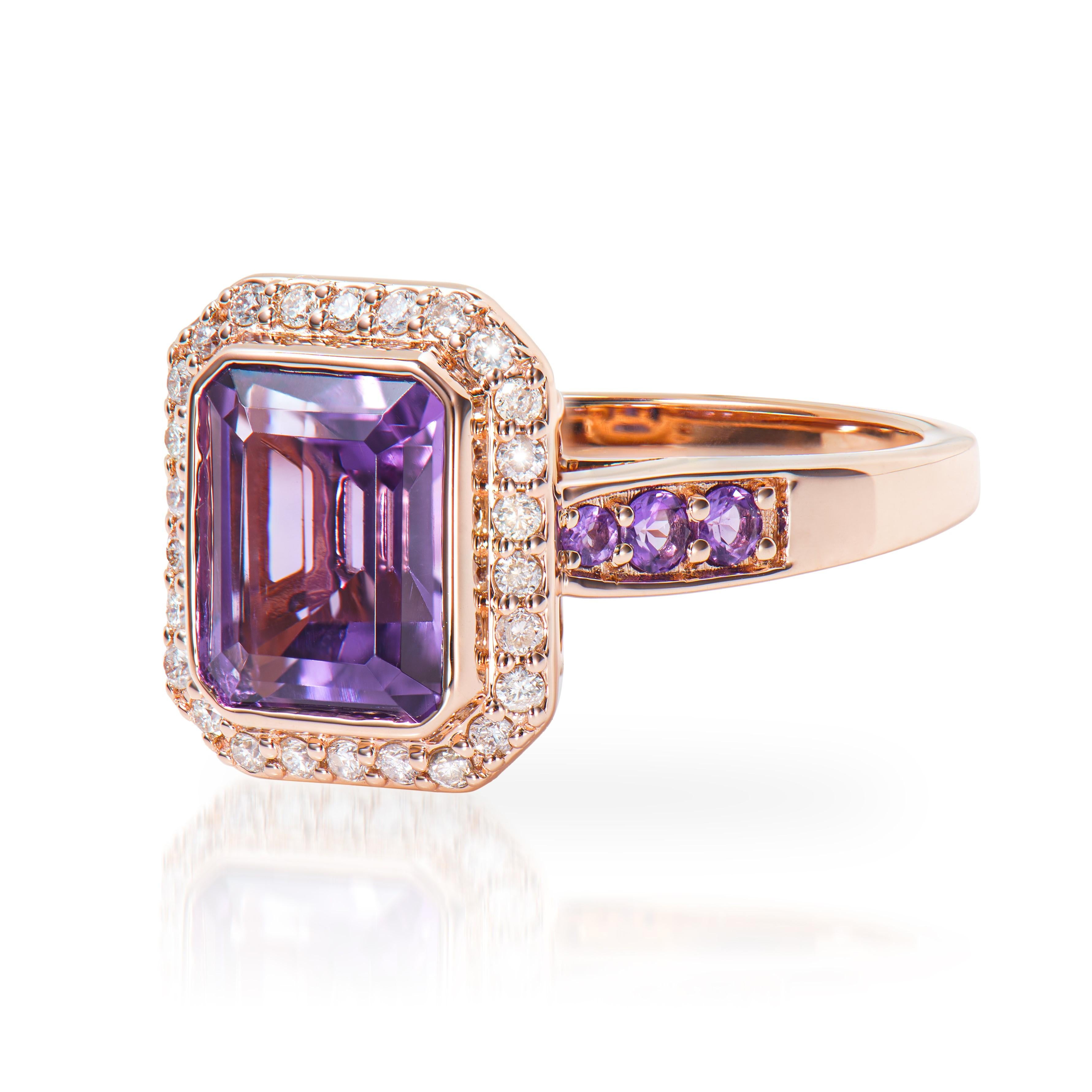 Octagon Cut 2.27 Carat Amethyst Fancy Ring in 14Karat Rose Gold with White Diamond.   For Sale