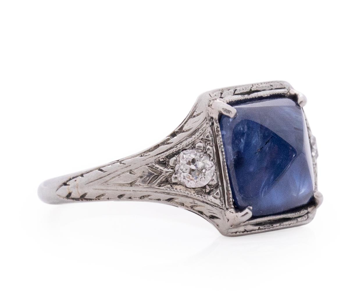 Item Details: 
Ring Size: 3.5
Metal Type: Platinum [Hallmarked, and Tested]
Weight: 2.0 grams

Center Diamond Details:
LOTUS LAB REPORT #: 1371-1271
Weight: 2.27 Carat
Cut: Antique cushion cabachon
Color: blue
Unheated, No