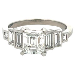 Vintage 2.27 Carat Asscher Cut and Baguette Shape Diamond Platinum Engagement Ring