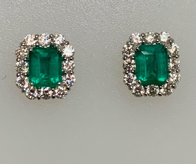 Modern 2.27 Carat Columbian Emerald Diamonds Earrings For Sale