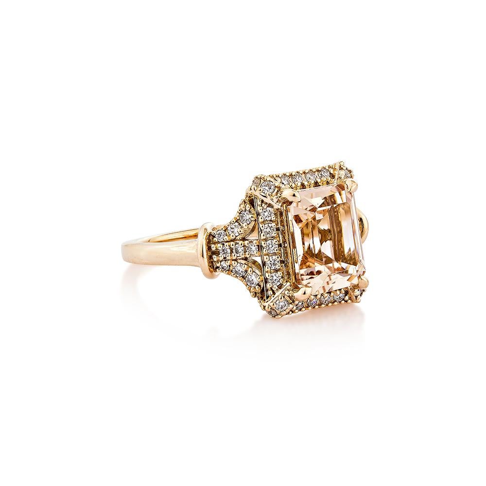 This collection includes a range of Morganite, which is a symbol of love and relationships, making it an excellent choice for a variety of applications. Accented with White Diamonds this ring is made in Rose Gold and present a classic yet elegant