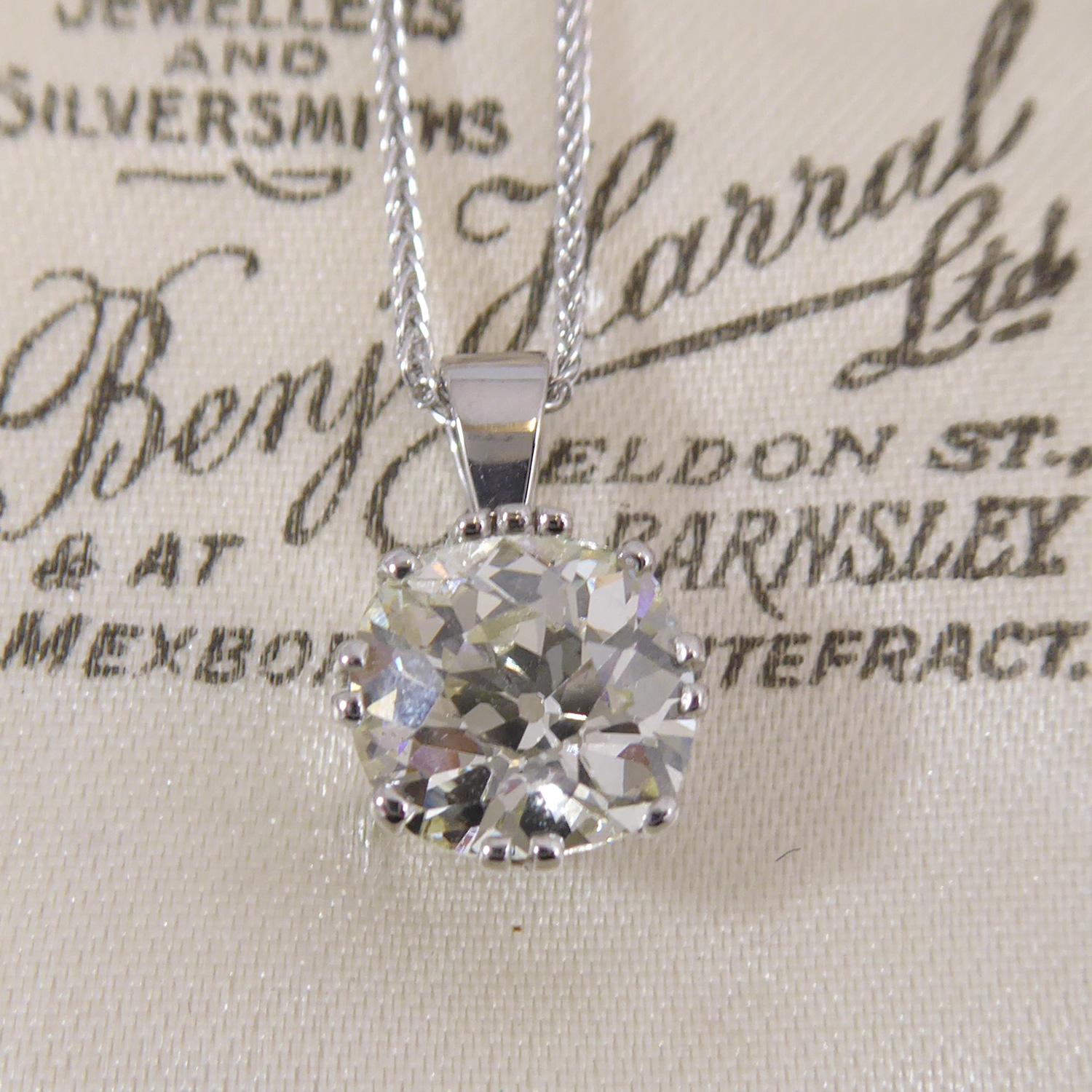 A diamond set pendant consisting of a cushion-shaped old European cut diamonds that measures 8.20mm x 8.00mm x 5.04mm deep.  We have reset this old diamond into a new platinum pendant.  It is claw set in a traditional white curtain style moun and