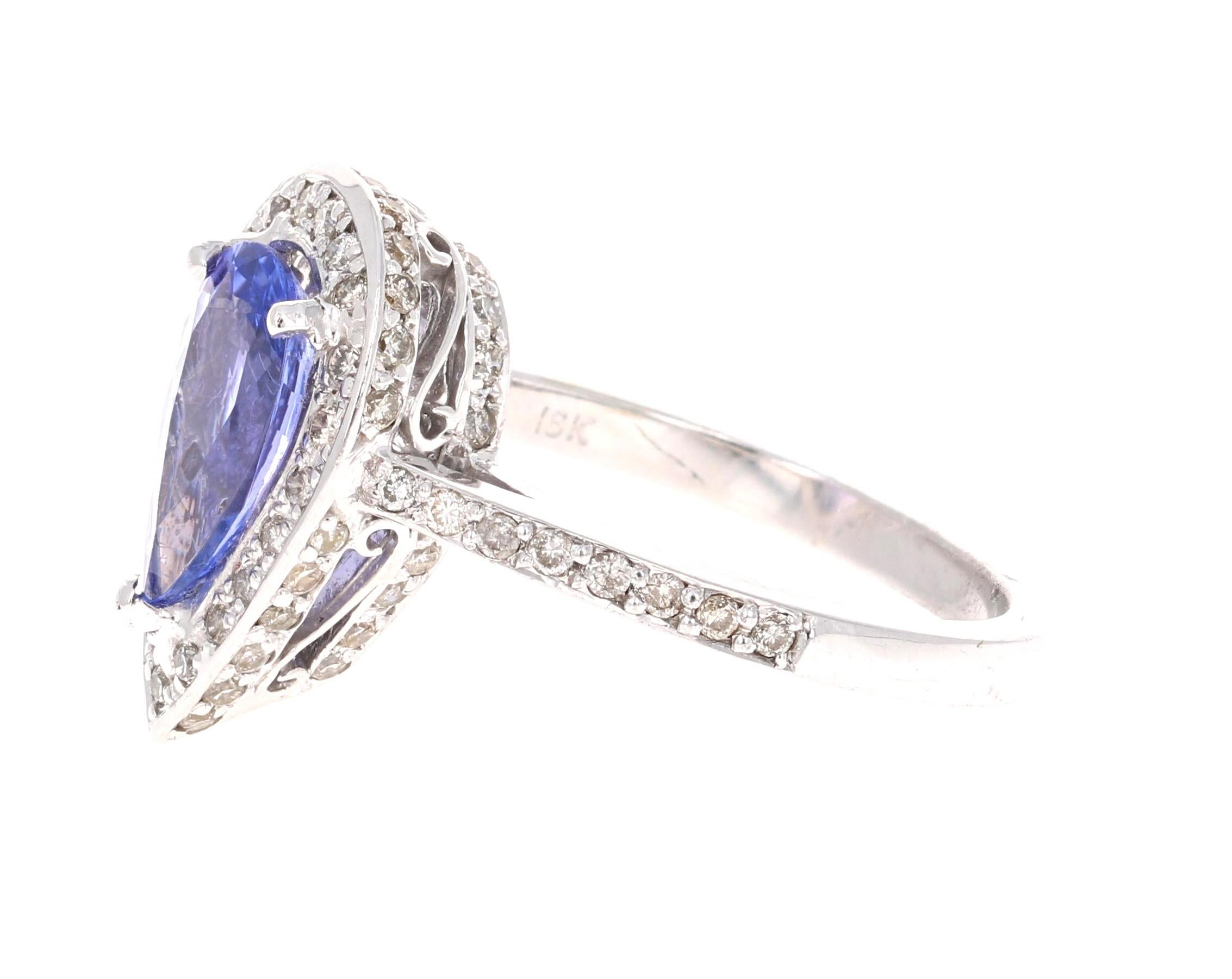 Contemporary 2.27 Carat Pear Cut Tanzanite Diamond Cocktail Ring 18 Karat White Gold For Sale