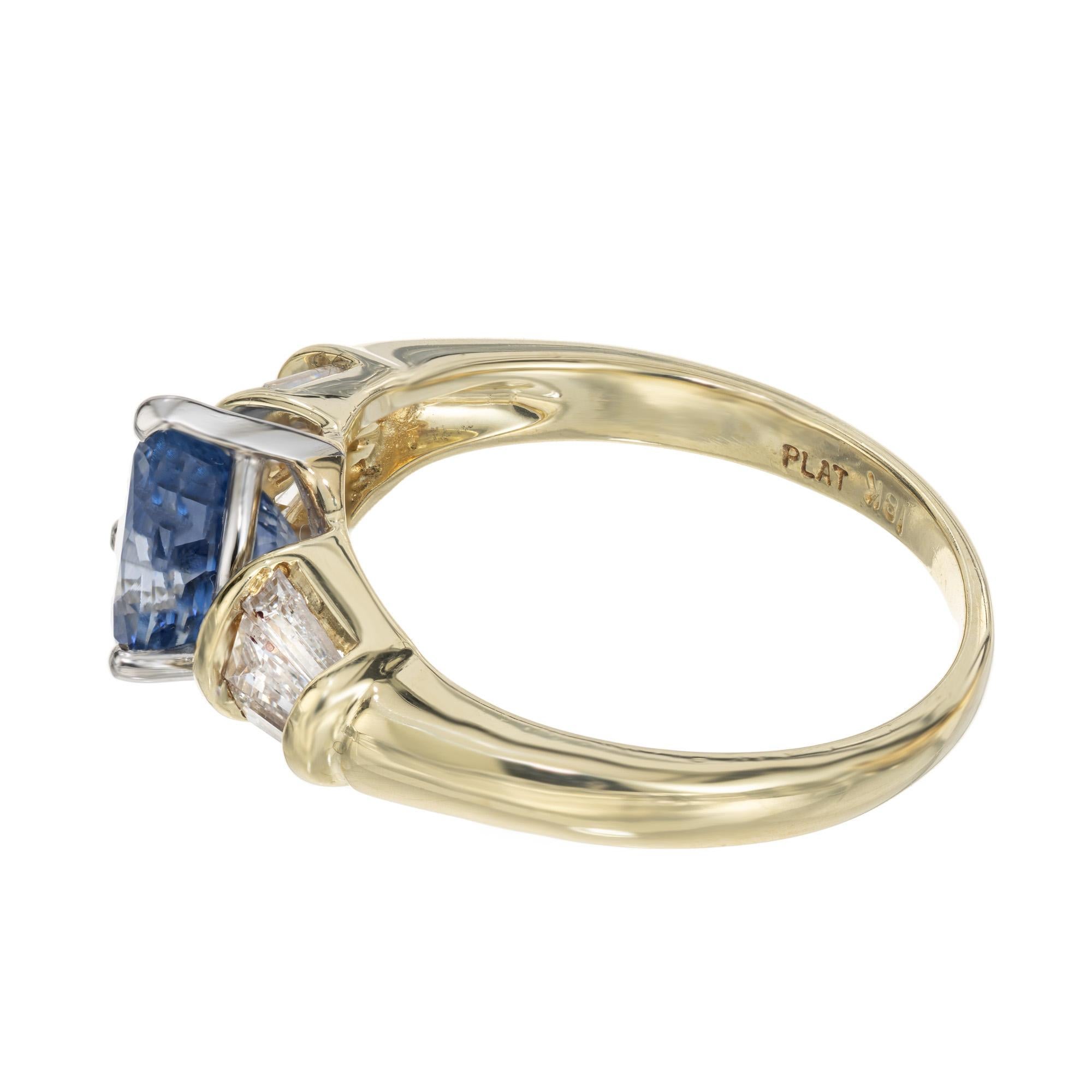 2.27 Carat Pear Shaped Sapphire Baguette Diamond Platinum Gold Engagement Ring In Good Condition For Sale In Stamford, CT