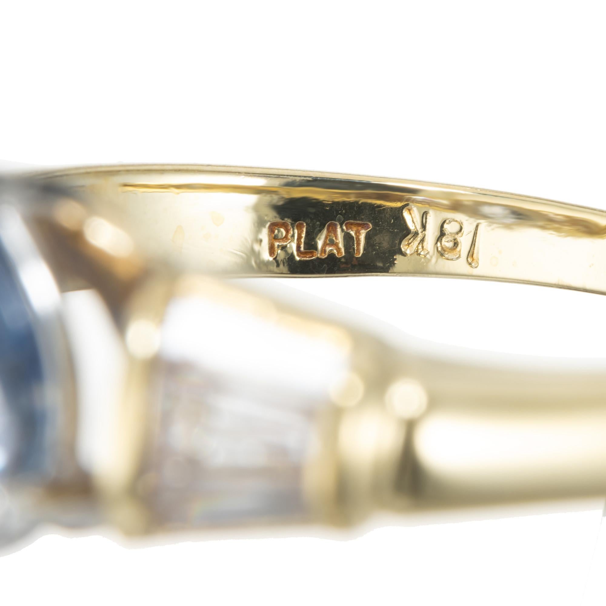 Women's 2.27 Carat Pear Shaped Sapphire Baguette Diamond Platinum Gold Engagement Ring For Sale