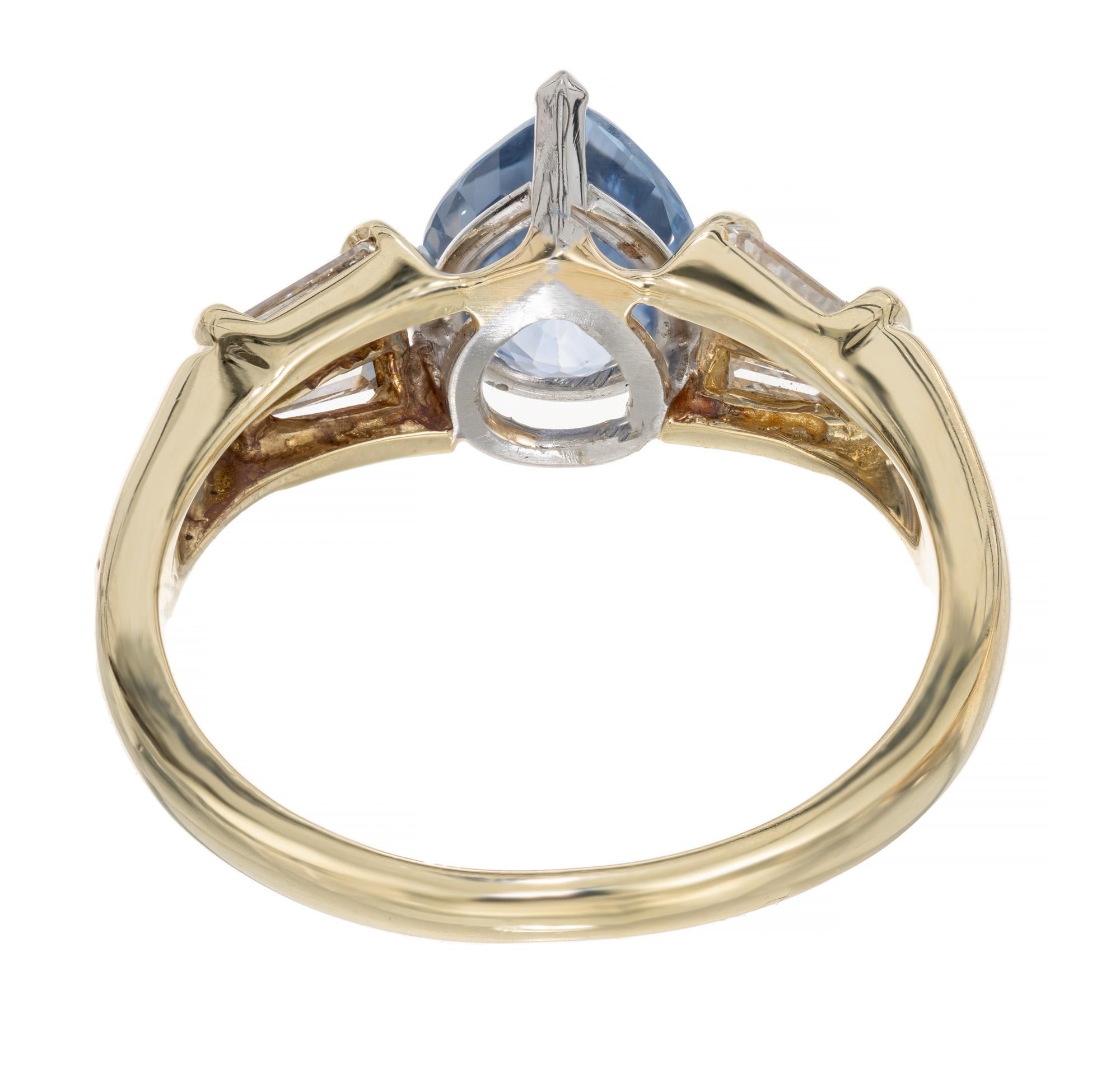 2.27 Carat Pear Shaped Sapphire Baguette Diamond Platinum Gold Engagement Ring For Sale 1
