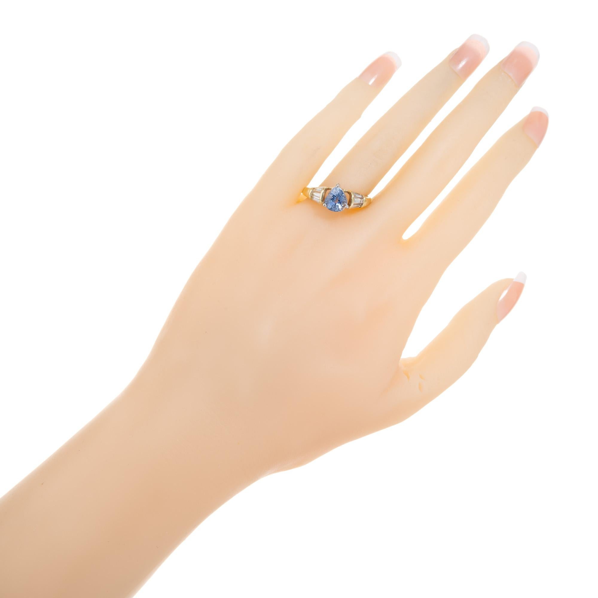 2.27 Carat Pear Shaped Sapphire Baguette Diamond Platinum Gold Engagement Ring For Sale 3