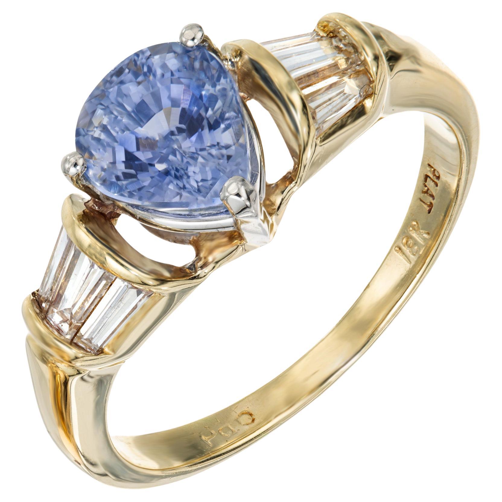 2.27 Carat Pear Shaped Sapphire Baguette Diamond Platinum Gold Engagement Ring For Sale