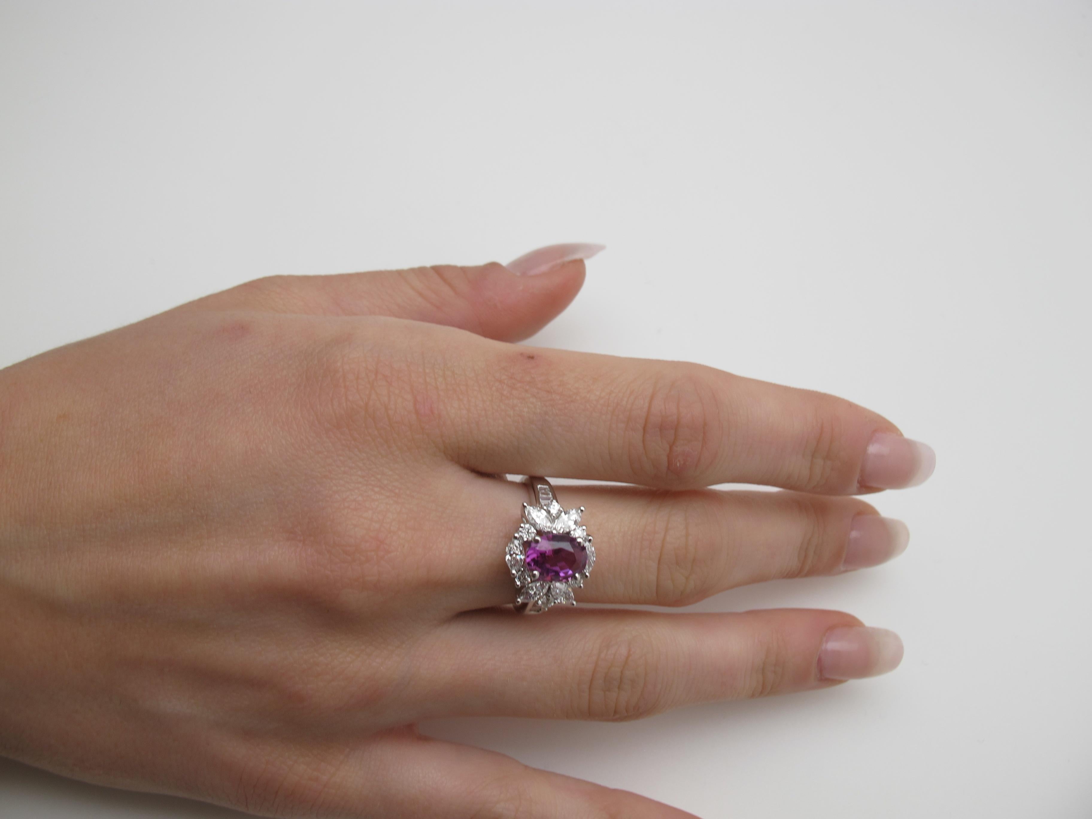 Oval Cut 2.27 ct. Hot Pink Sapphire Oval, Diamond Marquise 18k White Gold Cocktail Ring