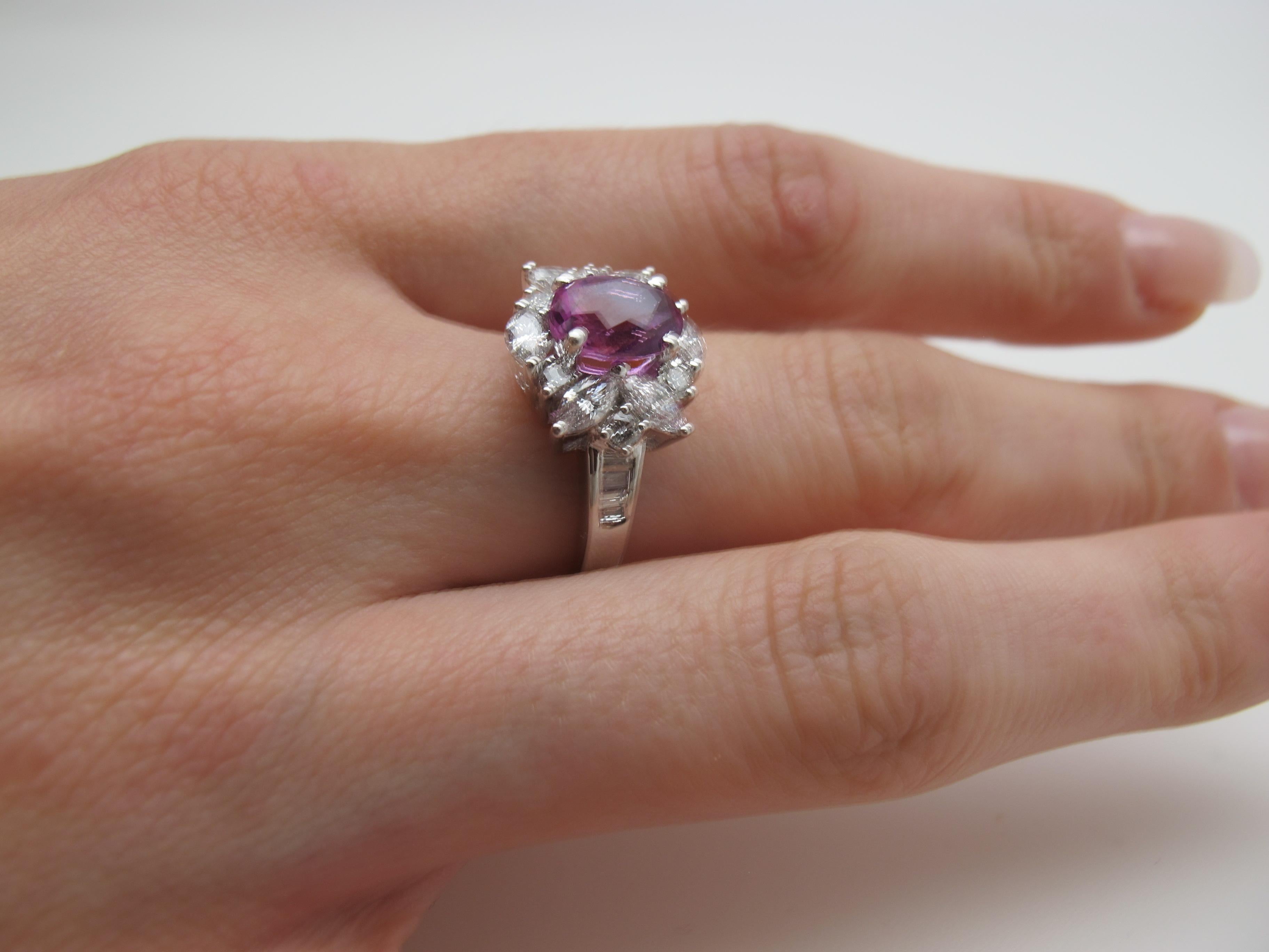 2.27 ct. Hot Pink Sapphire Oval, Diamond Marquise 18k White Gold Cocktail Ring In New Condition In Los Angeles, CA