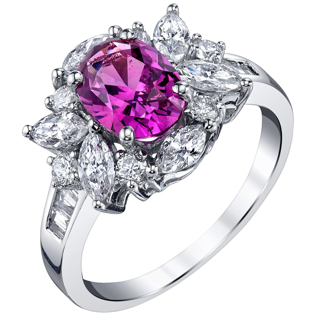 2.27 ct. Hot Pink Sapphire Oval, Diamond Marquise 18k White Gold Cocktail Ring