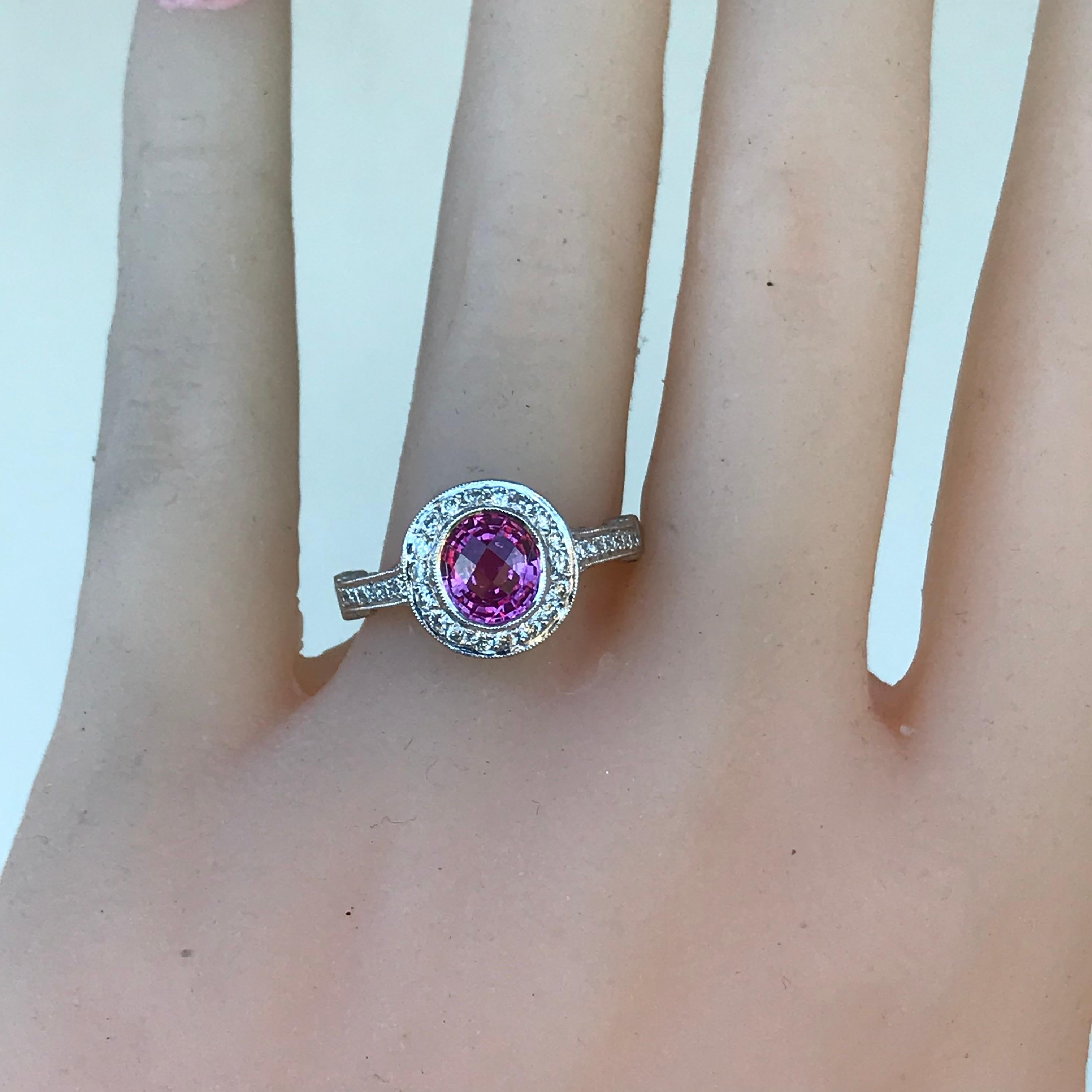 Round Cut 2.27 Carat Pink Sapphire and Diamond and Platinum Engagement Ring For Sale
