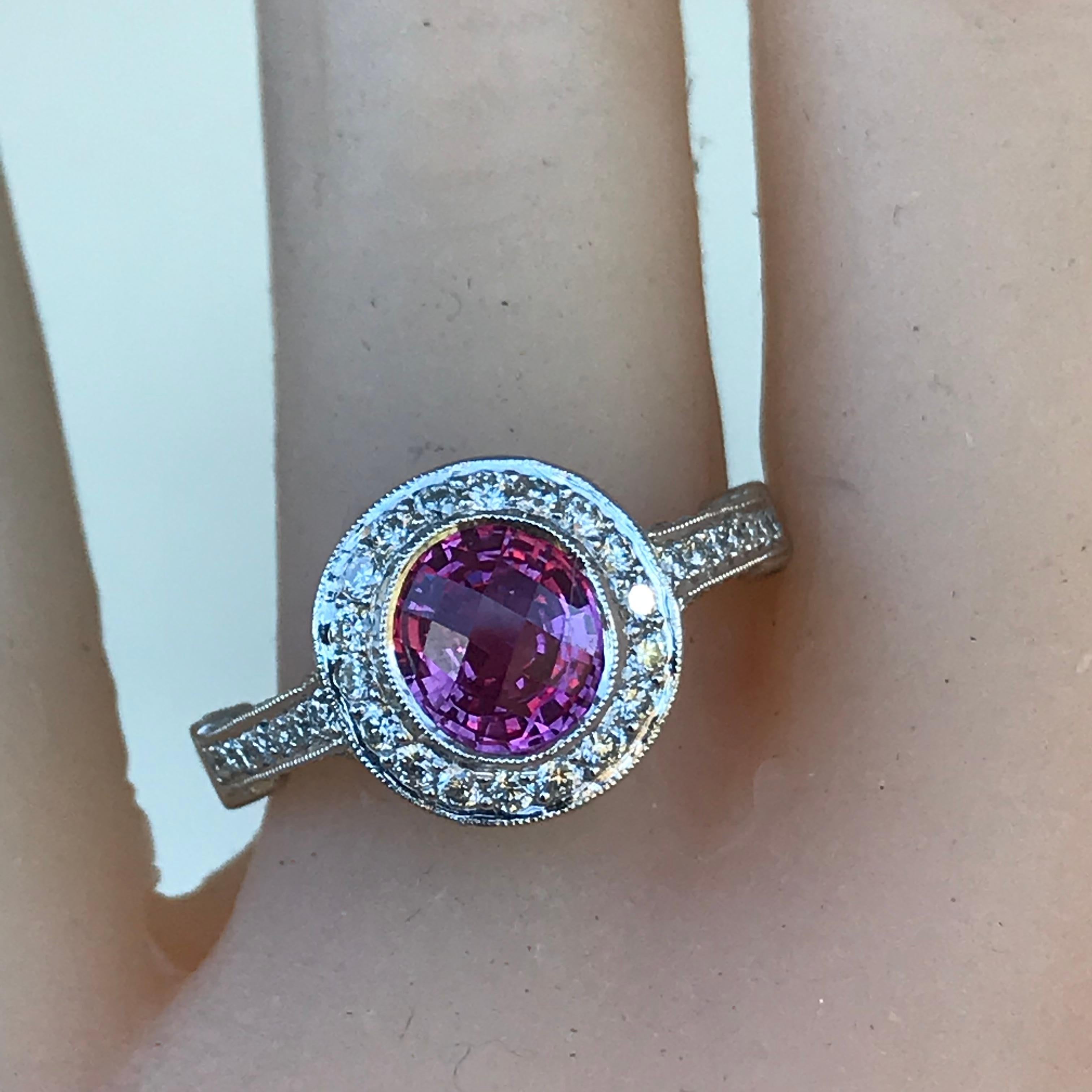 2.27 Carat Pink Sapphire and Diamond and Platinum Engagement Ring In New Condition For Sale In West Hollywood, CA