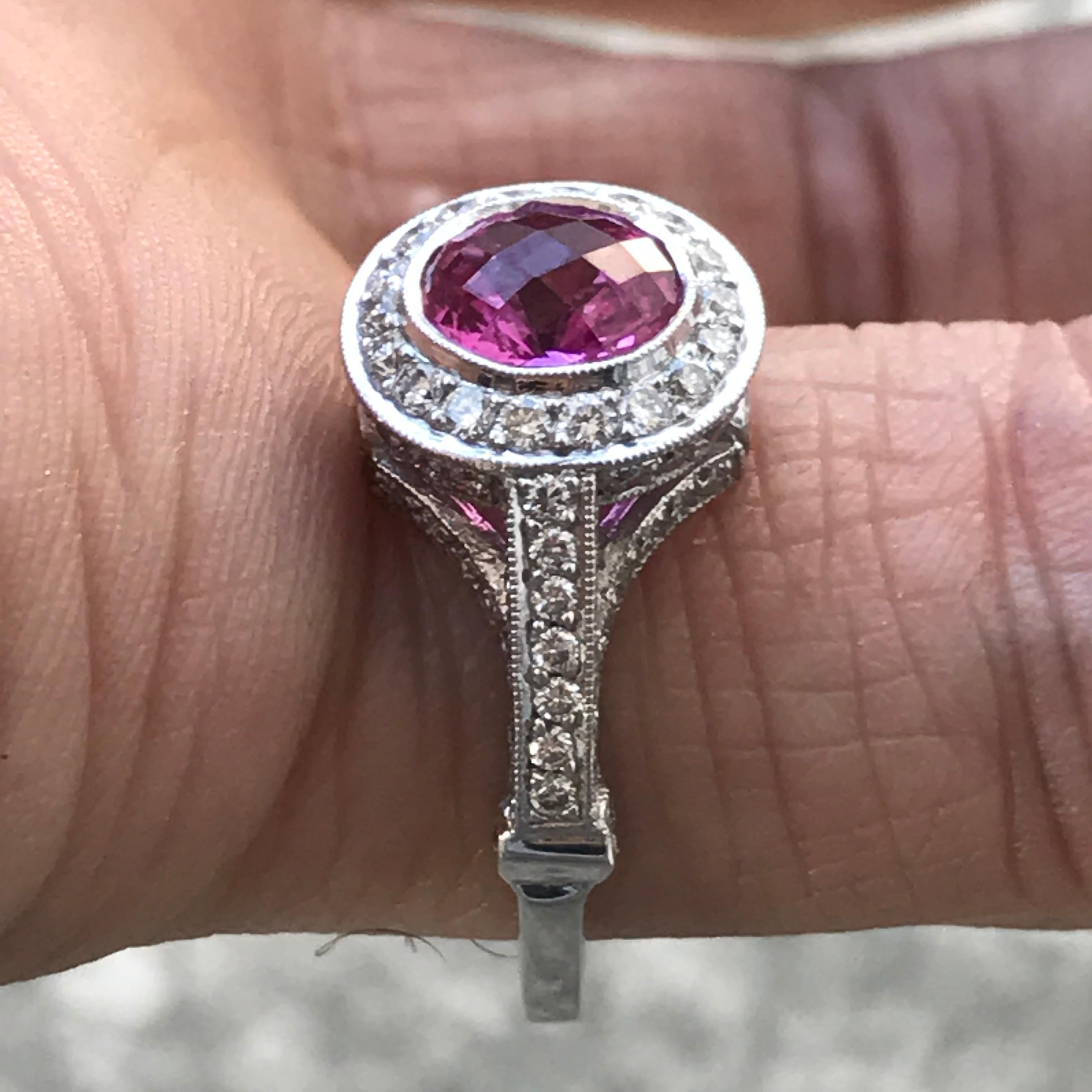 2.27 Carat Pink Sapphire and Diamond and Platinum Engagement Ring For Sale 1