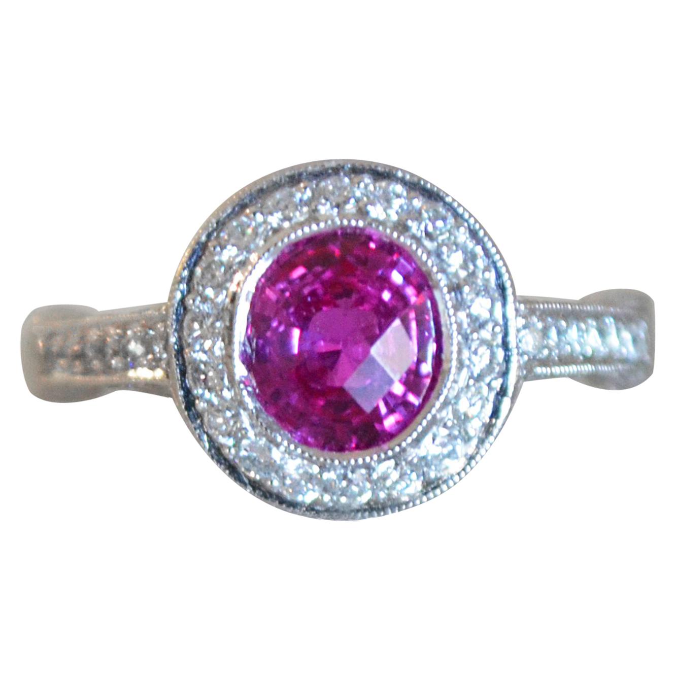 2.27 Carat Pink Sapphire and Diamond and Platinum Engagement Ring For Sale