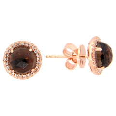 2.27 Carat Round Smokey Quartz & Diamond Rose Gold Stud Earrings